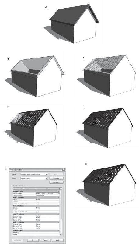 (A) Standard roof. (B) Convert a standard roof into sloped glazing. (C) Divide with curtain grid. (D) Add mullions to the grid. (E) Finish applying all mullions to the grid. (F) Change curtain panel from glass to empty. (G) Finished rafters.