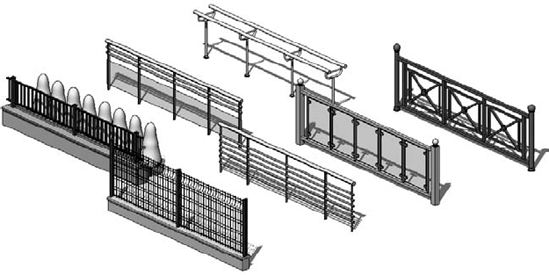 From the Revit help system, a variety of possible railings and fences that can be created with Revit.