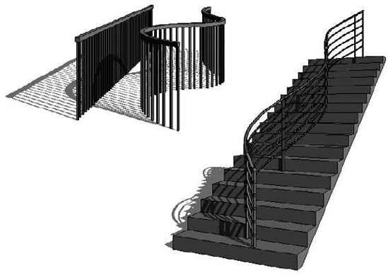 A freestanding railing and a railing hosted by a stair, both following the sketch line shape.