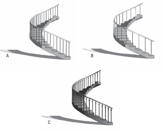 Spiral stairs with different settings: (A) two balusters per tread; (B) one baluster per tread; (C) Use Baluster per Tread on Stairs option not activated.