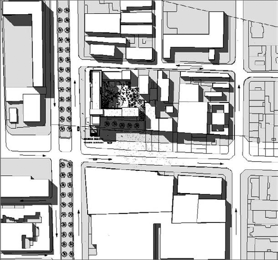 Analytical use of shadows in a site plan shows the effect of buildings on their environment.