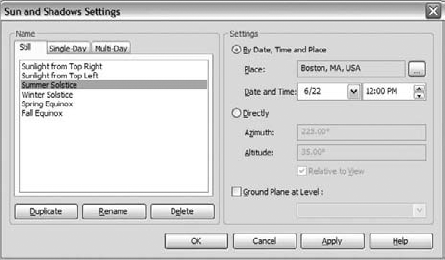 The Sun and Shadows Settings dialog box for still images.