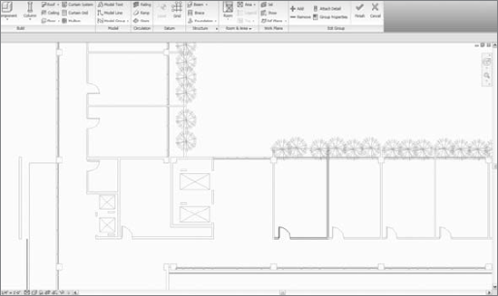 The Group Edit Mode is indicated with a pale yellow coloring of the drawing area, signifying the special mode. The floating group editing bar offers group-specific tools.