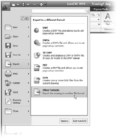 The Export option in the Application menu showing the list of export options