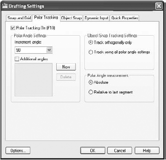The Polar Tracking tab in the Drafting Settings dialog box