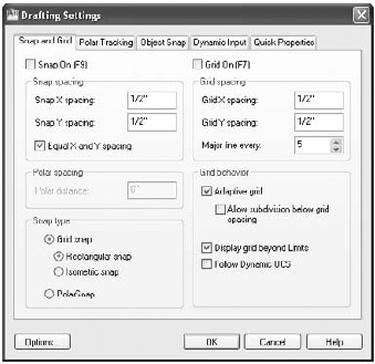 The Snap And Grid tab of the Drafting Settings dialog box