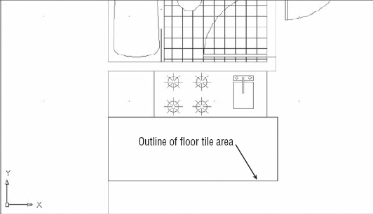 The area below the kitchen, showing the outline of the floor tile area