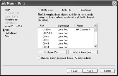 The Ports screen of the Add-A-Plotter Wizard