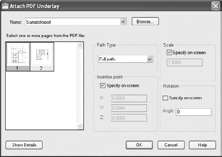 The Attach PDF Underlay dialog box for a PDF file