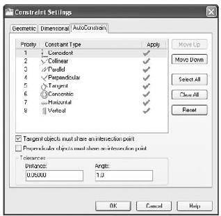 The AutoConstrain tab of the Constraint Settings dialog box