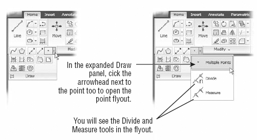 The Divide and Measure tools are in the expanded Draw Ribbon panel on the Point tool flyout.