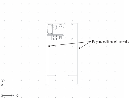 The unit plan with closed polylines outlining the walls