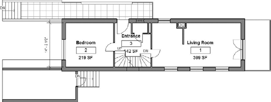 The same floor plan after moving the south wall up, towards the interior of the house