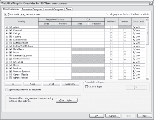 The Visibility/Graphic Overrides dialog box lets you control visibility of categories on a view-by-view basis.