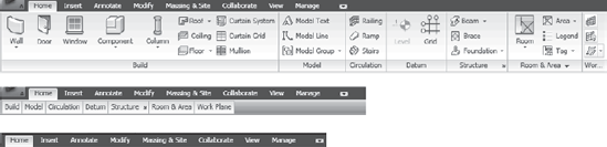 Different display settings of the Ribbon; from top down: full Ribbon, panel tiles, tabs