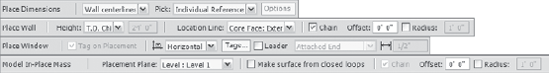 The Options bar for dimensions, walls, windows and model in-place mass