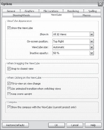The ViewCube tab lets you specify appearance and behavioral settings of the ViewCube