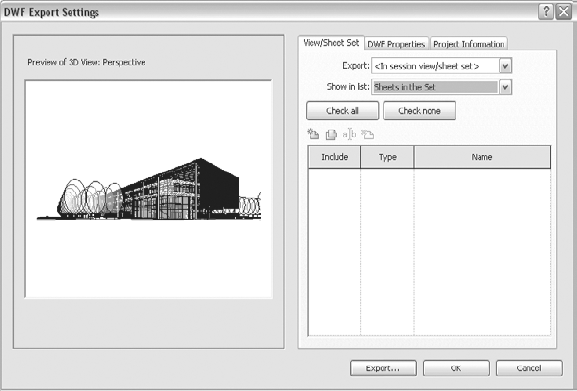 DWF Export Settings dialog box