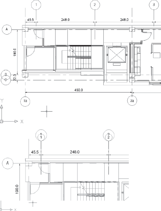 The image on the top shows the view with DWG import; the bottom image shows Revit gridlines created using the import lines