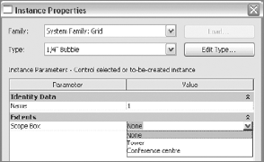 A scope box can be assigned to grids using the Instance Properties dialog box