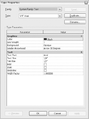 The Type Properties dialog box for text