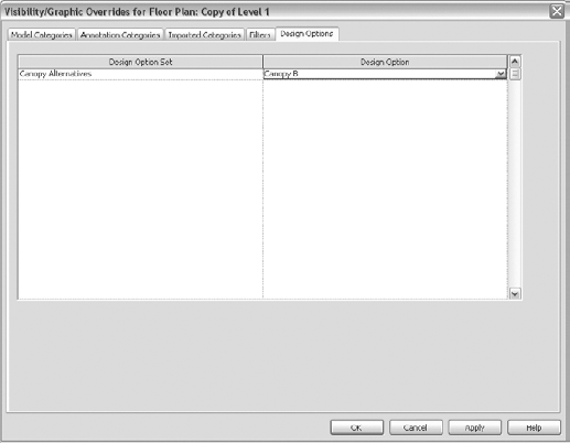 The Visibility/Graphic Overrides dialog box controls Design Option visibility in a view