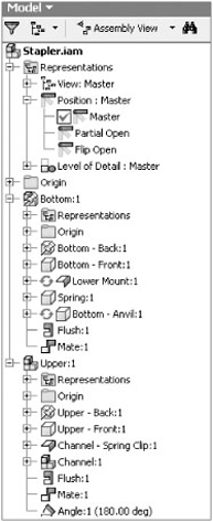 Stapler.iam (Inventor sample files) illustration of Model browser contents