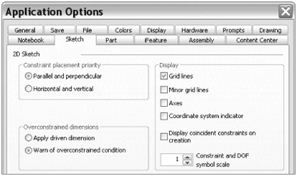 Sketch tab of Application Options dialog box