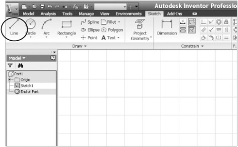 Locating the Line tool on the Sketch tab