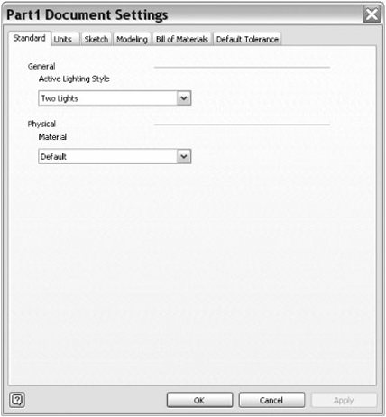 The Standard tab in the part's Document Settings dialog box