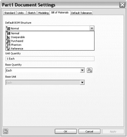 Bill Of Materials tab in Document Settings