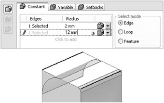 Creating two edge fillets of different sizes