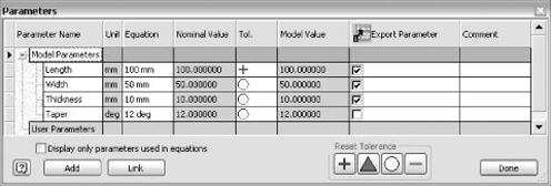 Part parameter list