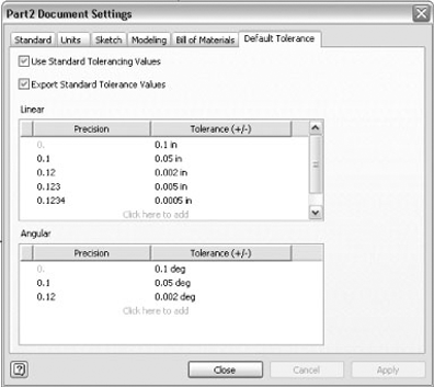 Document settings for tolerance