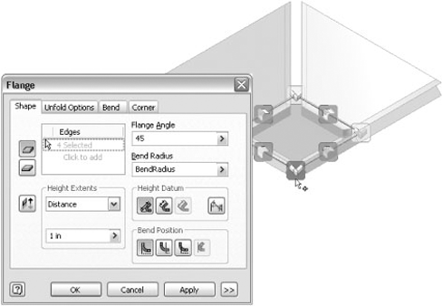 A multiedge flange feature preview with bend and corner edit glyphs