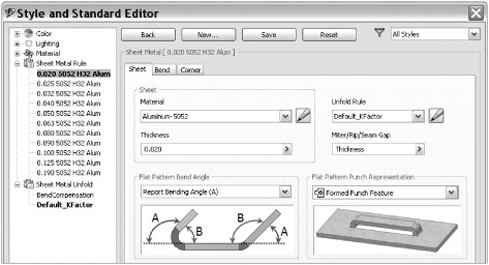 Style And Standard Editor dialog box, Sheet Metal Rule page displaying active rule