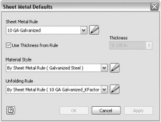 Sheet Metal Defaults dialog box with no style/rule overrides applied