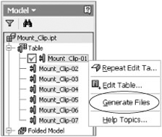 Sheet-metal iPart factory example, displaying Generate Files for a selected member file