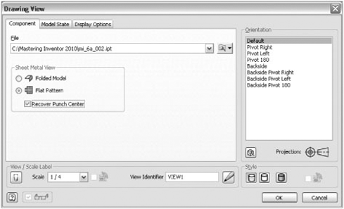 Drawing Manager: Drawing View dialog box's Component tab with options displayed for sheet-metal view creation