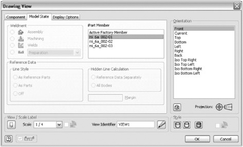 Drawing Manager: Drawing View dialog box's Model State tab with options displayed for sheet-metal iPart member view creation