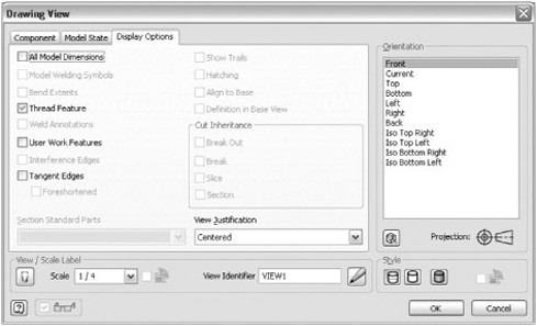 Drawing Manager: Drawing View dialog box's Display Options tab with options displayed for sheet-metal bend extents