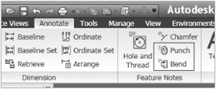 Drawing Annotate tab with Punch and Bend tools displayed