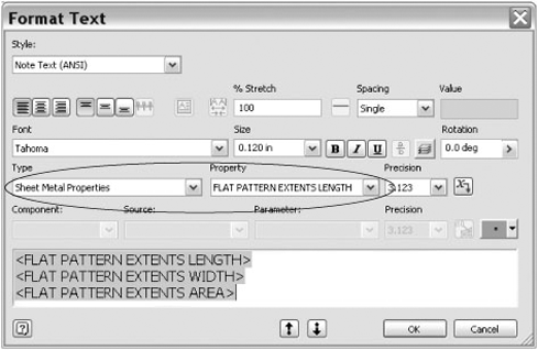 Drawing Manager Format Text dialog box displaying Sheet Metal Properties option for flat pattern extents