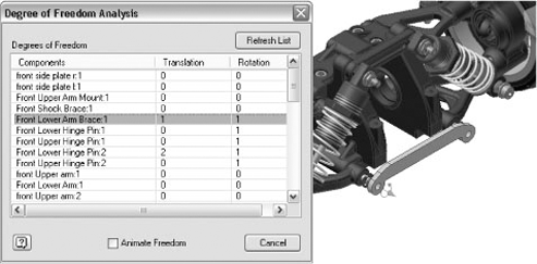 Animating an underconstrained component from the Degree of Freedom Analysis dialog box