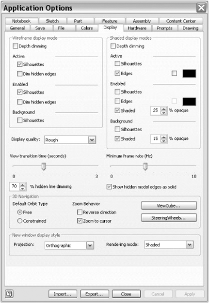 The Display tab in the Application Options dialog box