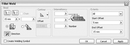 Fillet Weld dialog box with start and end offsets