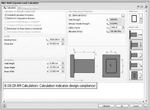 Weld calculator indicating a satisfactory design