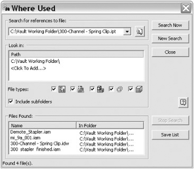 Results of clicking Search Now in the Where Used dialog box