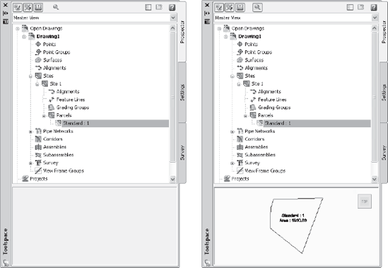 Preview toggled off (left) and on (right) when reviewing a parcel. The preview is a 3D view.