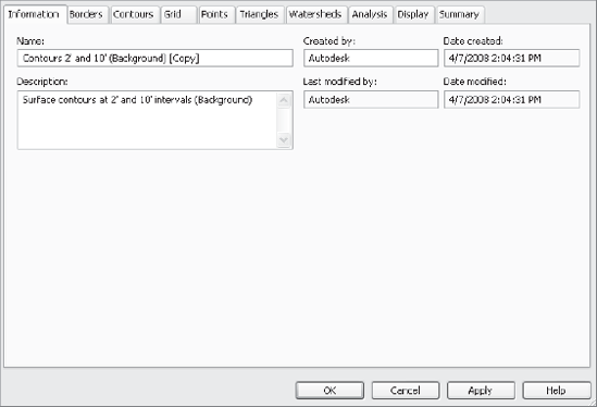 The Surface Style dialog. The Information, Display, and Summary tabs are common to all object styles.